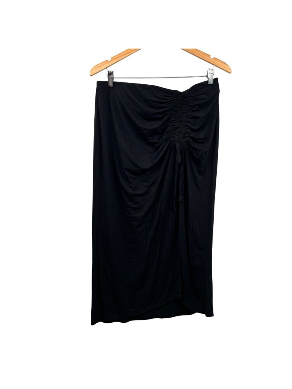 A New Day Black Midi Skirt Gathered Tie Front Slit Pull On Size Medium